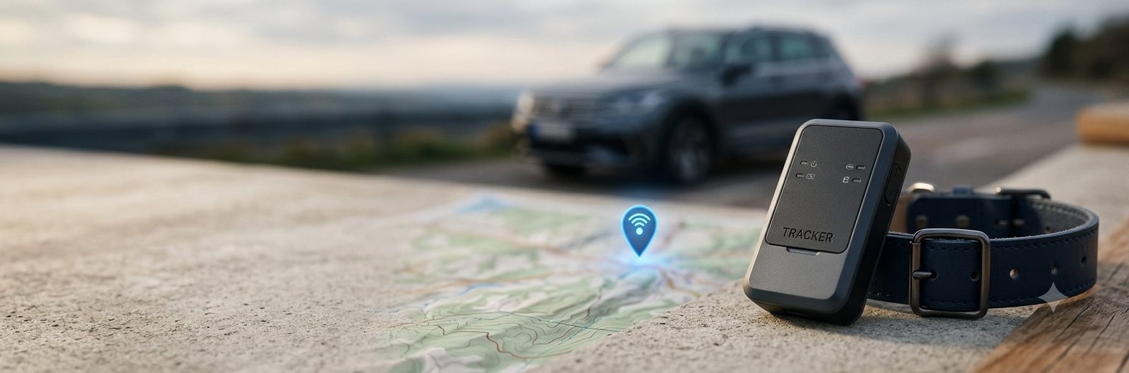Traceur GPS posé devant une voiture, repère de localisation sur la carte